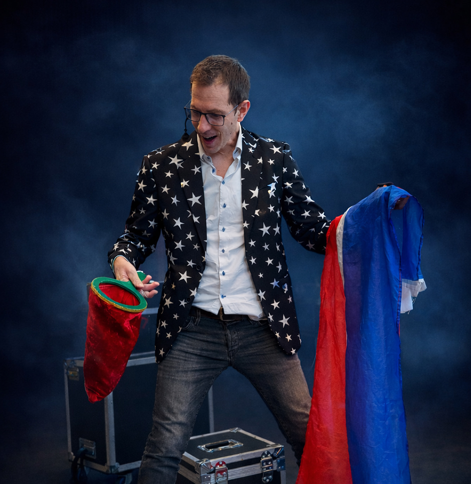 Mentalist Tim Wijst voert magische act uit met doek en goochelhoed