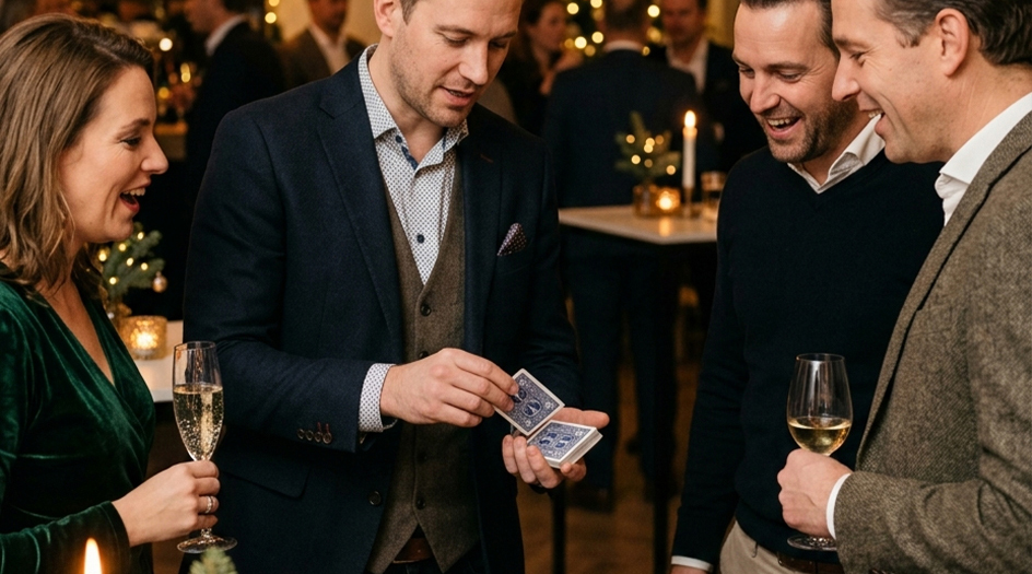 Goochelaar doet kaarttruc tijdens feestelijke kerstborrel met volwassenen