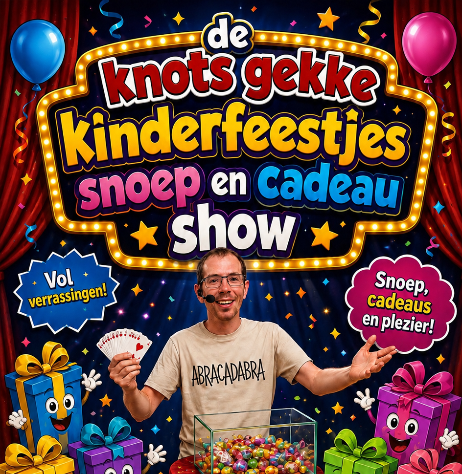 Goochelaar Tim Wijst in ABRACADABRA-shirt met speelkaarten en een grabbelton, omringd door cadeaus en snoep — promotieposter voor de knotsgekke kinderfeestjes snoep en cadeau show